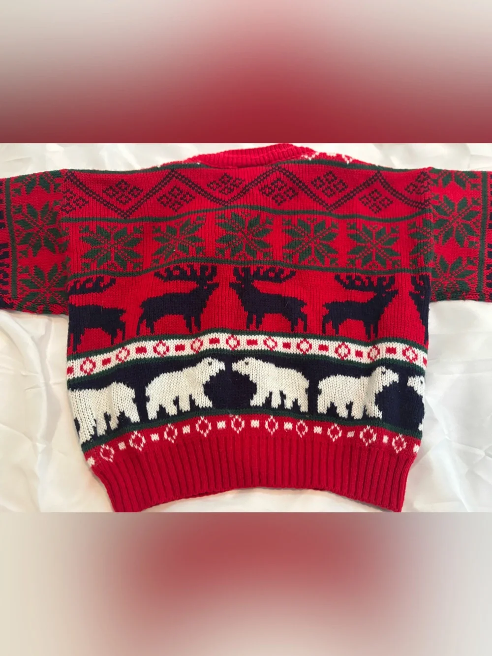 Vintage okie dokie Red and Navy Holiday Knit Cardigan with Animal Motif 3t boy